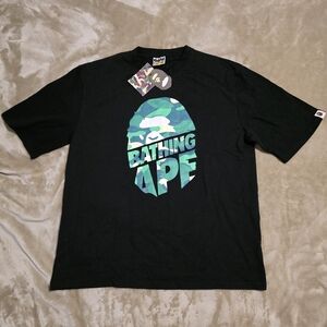 Bape Black Tee with Green Blue Camo 'Bathing Ape' Graphic